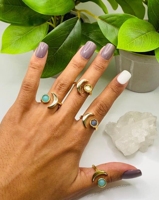 Adjustable Gold Crescent Moon Gemstone Rings