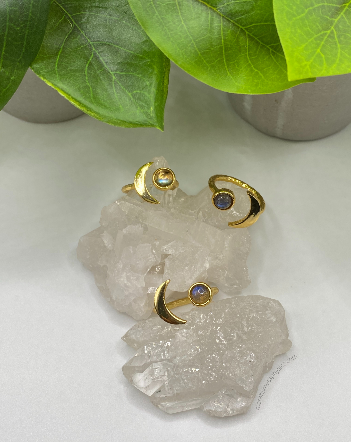 Adjustable Gold Crescent Moon Gemstone Rings